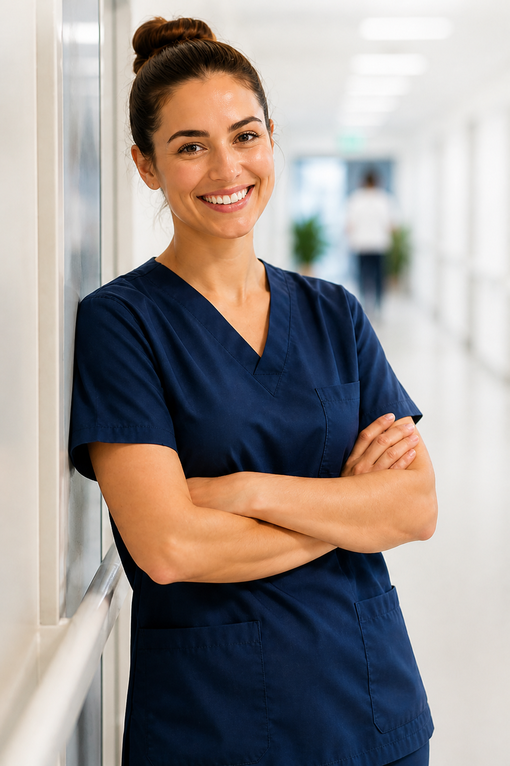 Selbstbewusste Pflegekraft im Klinikgang