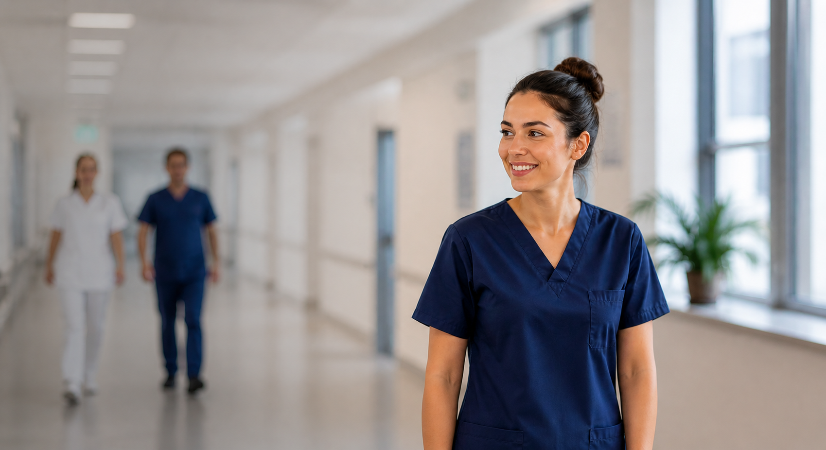 Pflegefachkraft in modernem Klinikgang