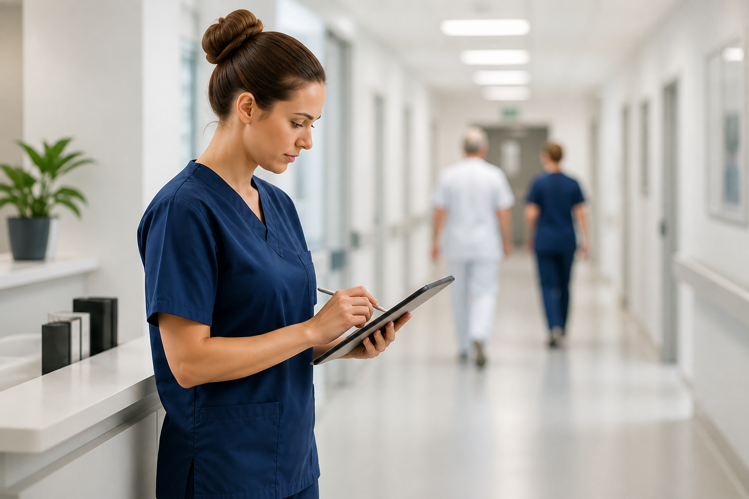 Pflegerin mit Klemmbrett im Klinikgang